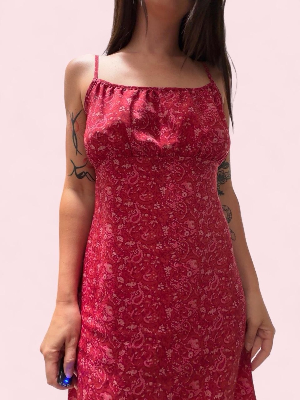 Women’s Red Paisley Midi Slip Dress with Thin Straps